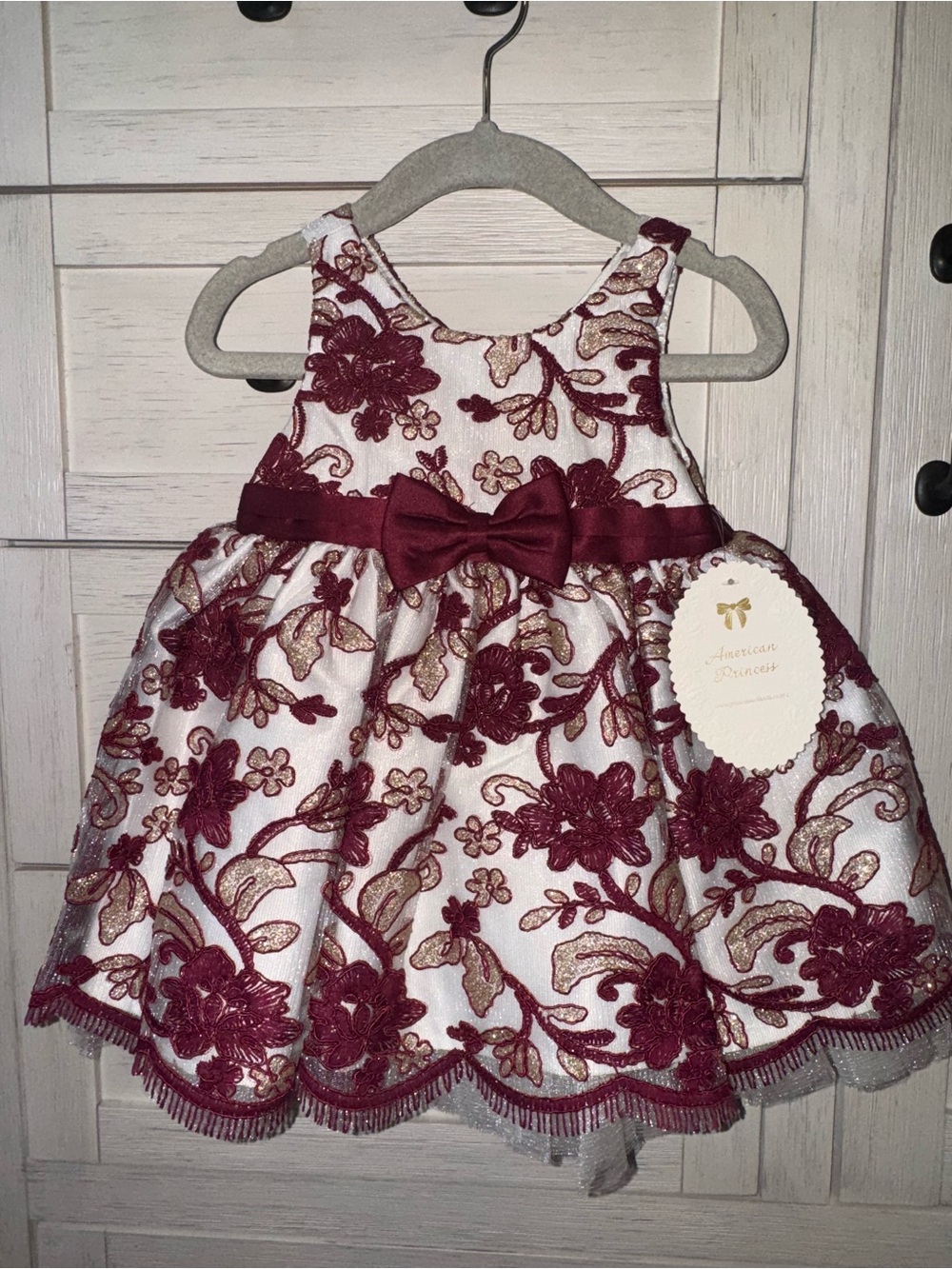 American Princess White and Burgundy Embroidered Floral Party Dress